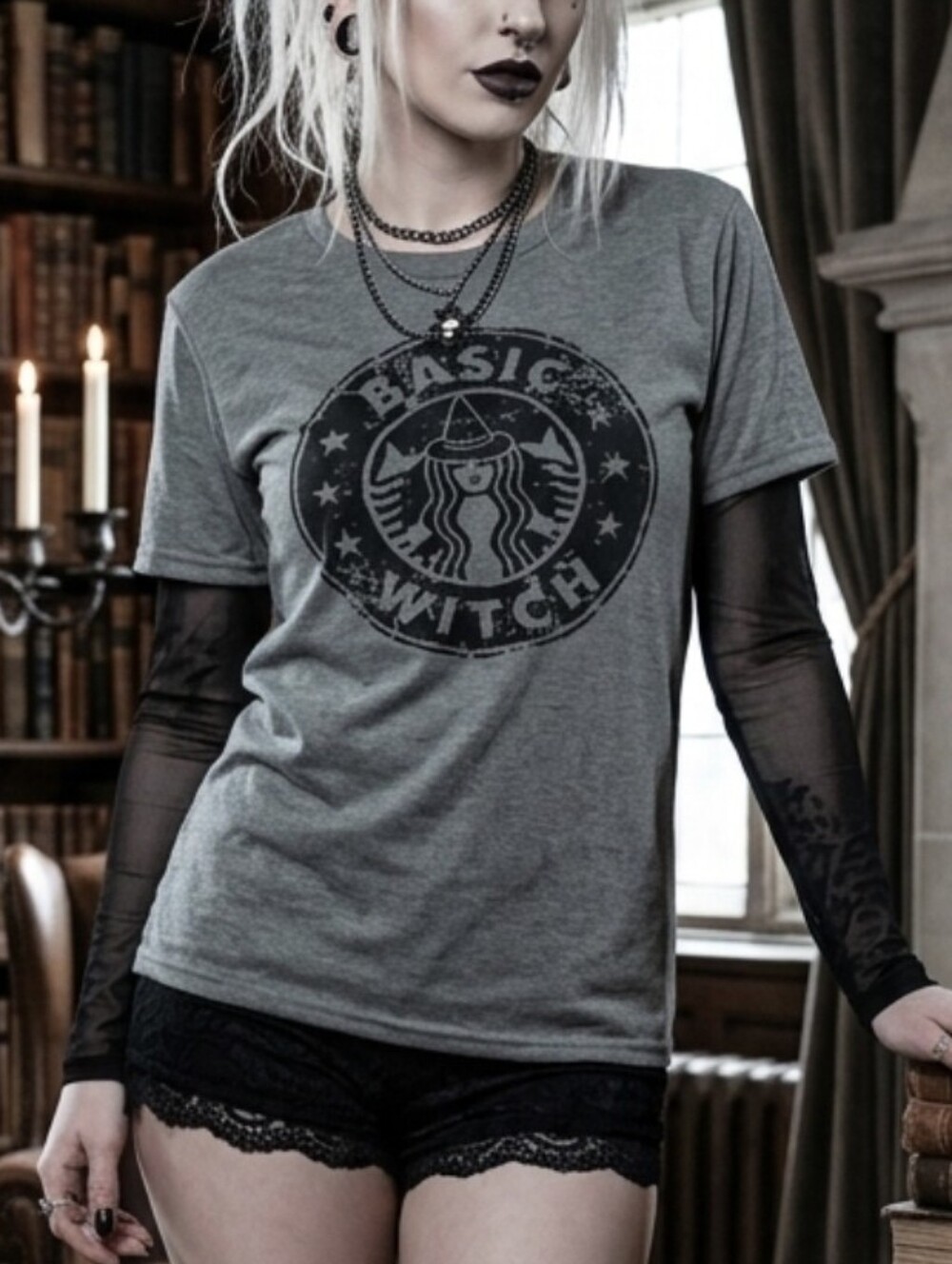 Nlife Heather Gray Basic Witch Graphic Mermaid Gothic Themed TShirt XL NWOT